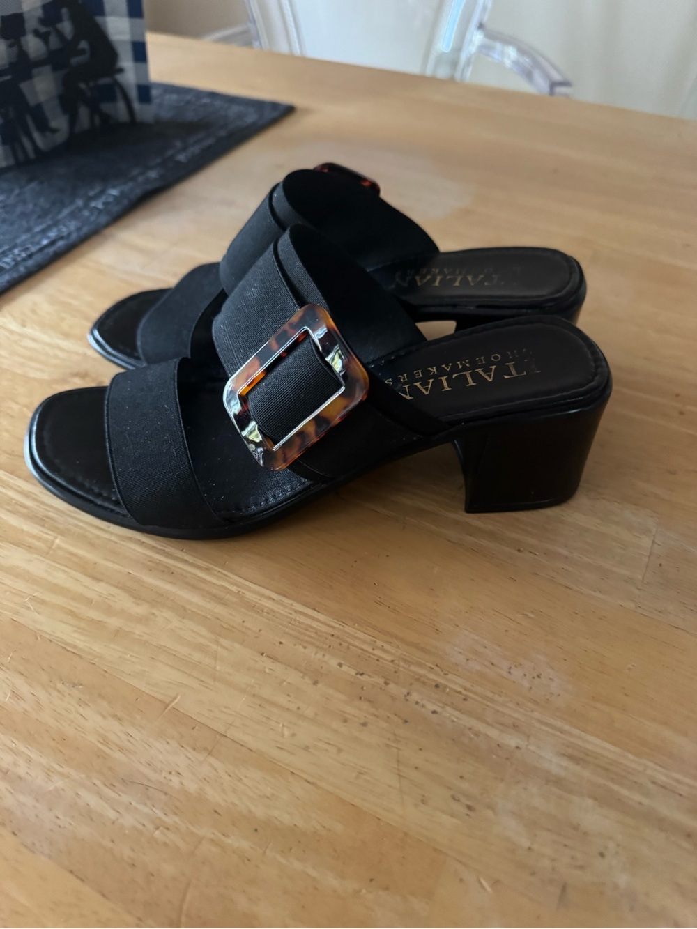 Italian Shoemakers Black Slide Mules with Tortoiseshell Buckle Accent